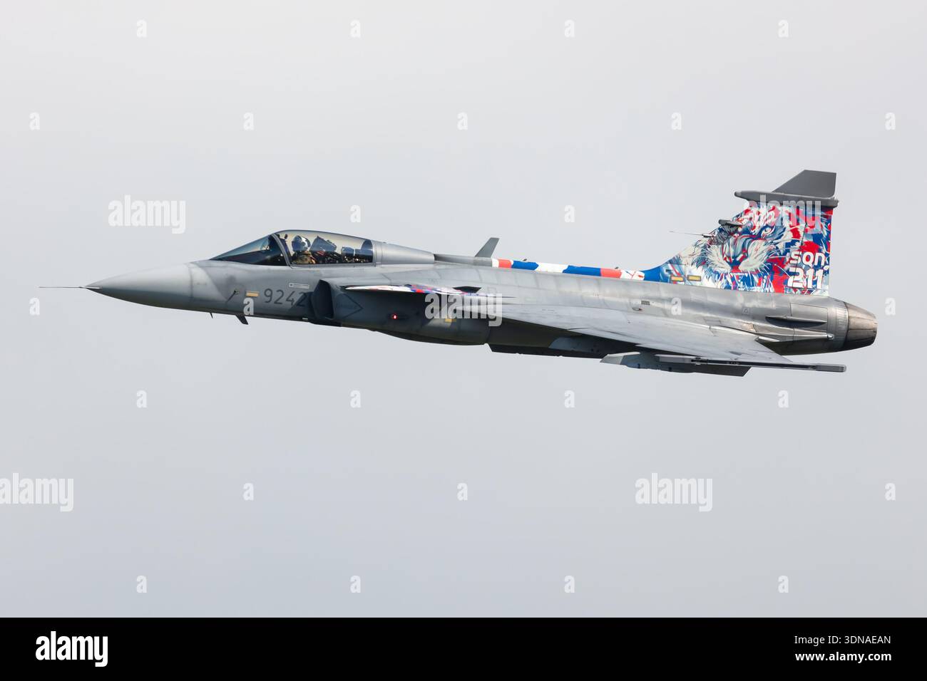 Czech Air Force Saab JAS 39C Gripen in special livery in flight over Zeltweg Air Base, Austria, 2024 Stock Photo