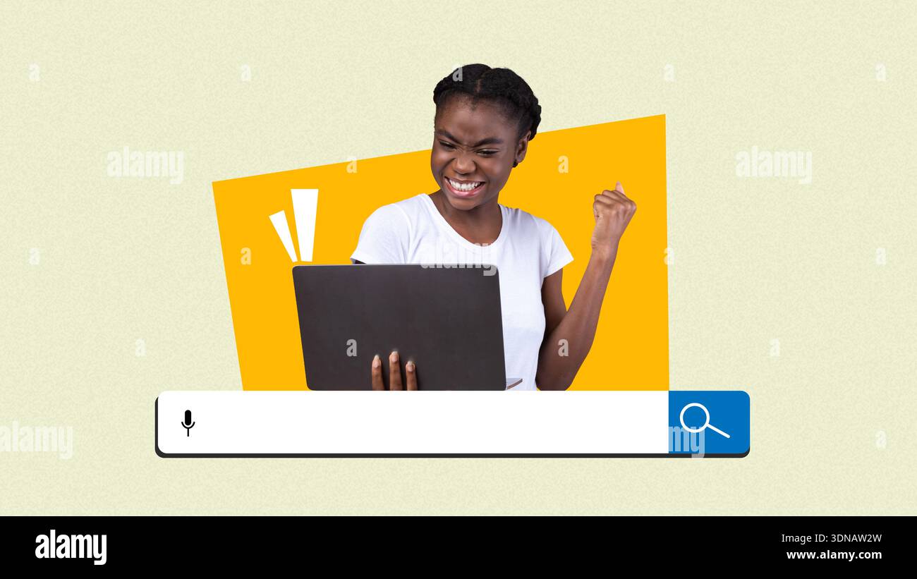 Excited Woman Celebrates Finding Information While Using Laptop for Research or Study Stock Photo