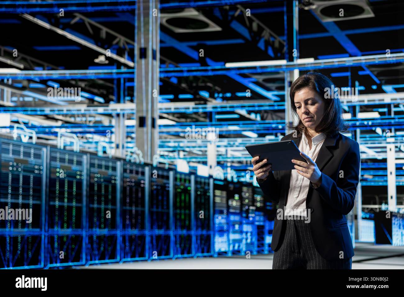 Supercomputer digital twin scanning, tablet and female programmer in ...