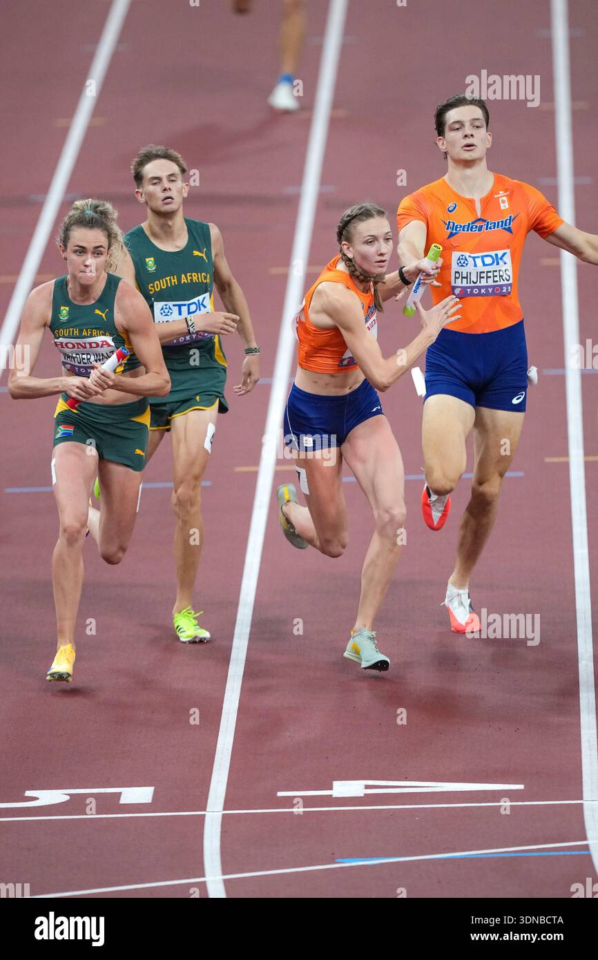 Femke Bol (Netherlands), Zeney Van der Walt (South Africa). 4x400 Metres Relay Mixed final. World Athletics Championships, Tokyo 2025. Stock Photo