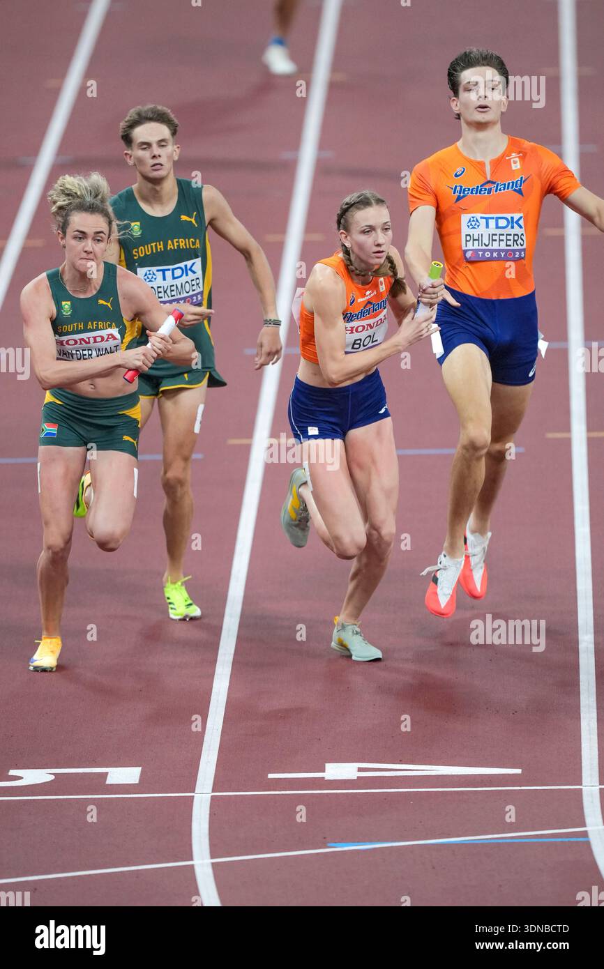 Femke Bol (Netherlands), Zeney Van der Walt (South Africa). 4x400 Metres Relay Mixed final. World Athletics Championships, Tokyo 2025. Stock Photo