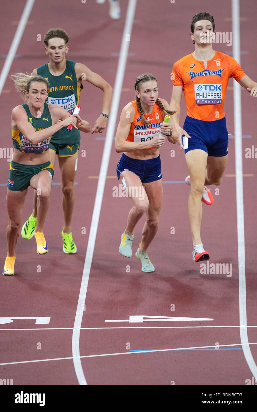 Femke Bol (Netherlands), Zeney Van der Walt (South Africa). 4x400 Metres Relay Mixed final. World Athletics Championships, Tokyo 2025. Stock Photo