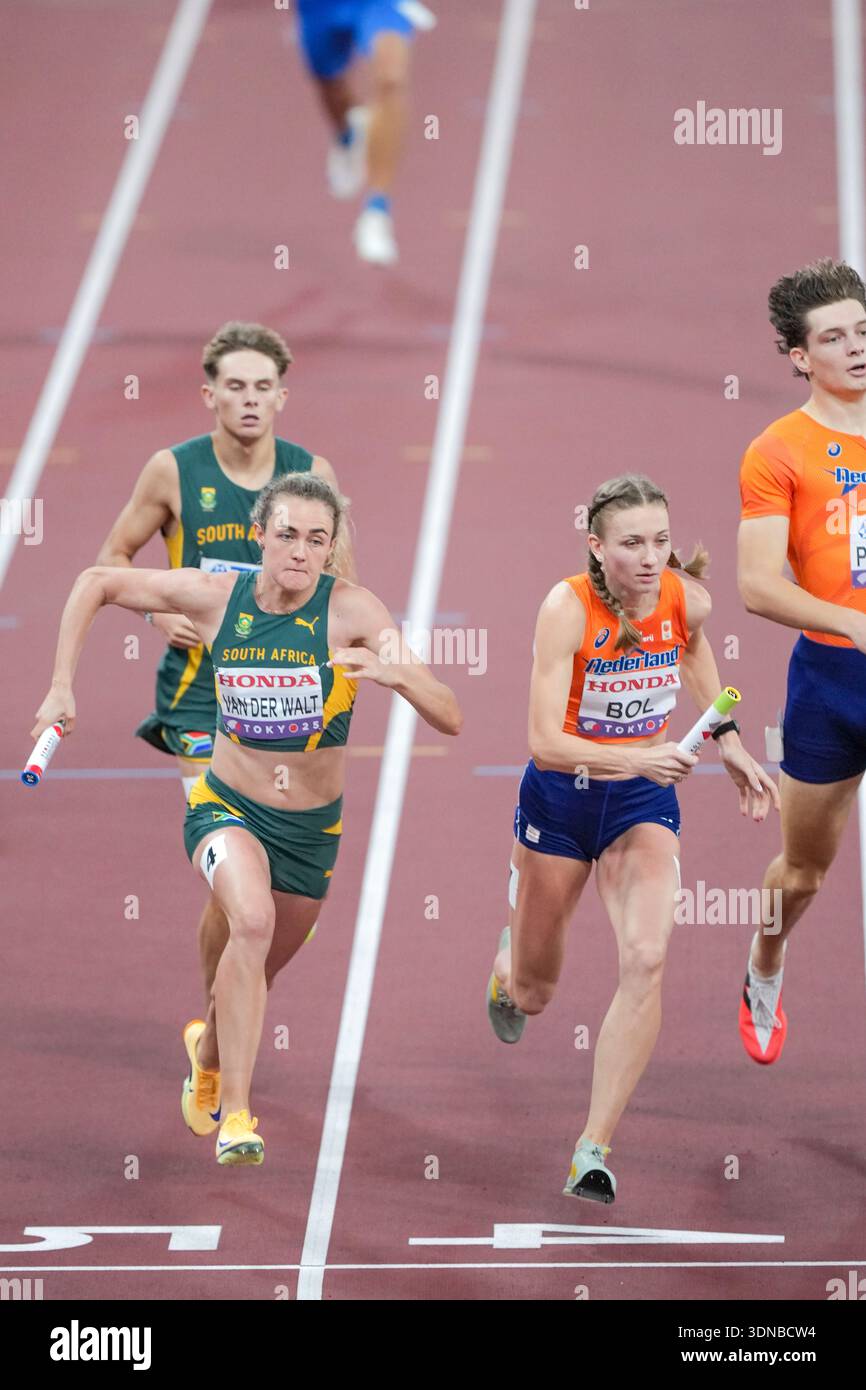 Femke Bol (Netherlands), Zeney Van der Walt (South Africa). 4x400 Metres Relay Mixed final. World Athletics Championships, Tokyo 2025. Stock Photo