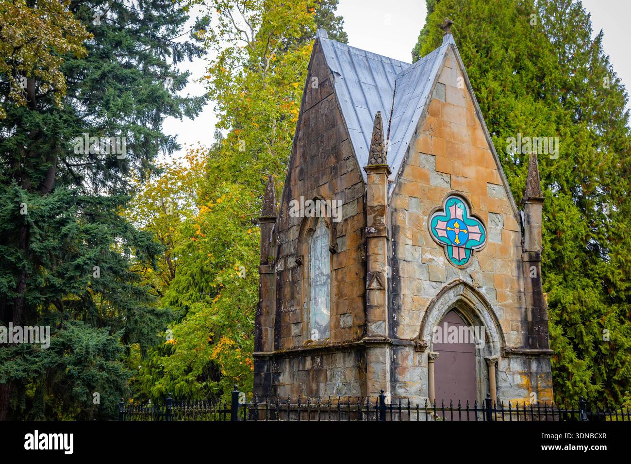 Historic headstones stand among the trees displaying colorful autumn foliage in the serene landscape of Lone Fir Cemetery Stock Photo