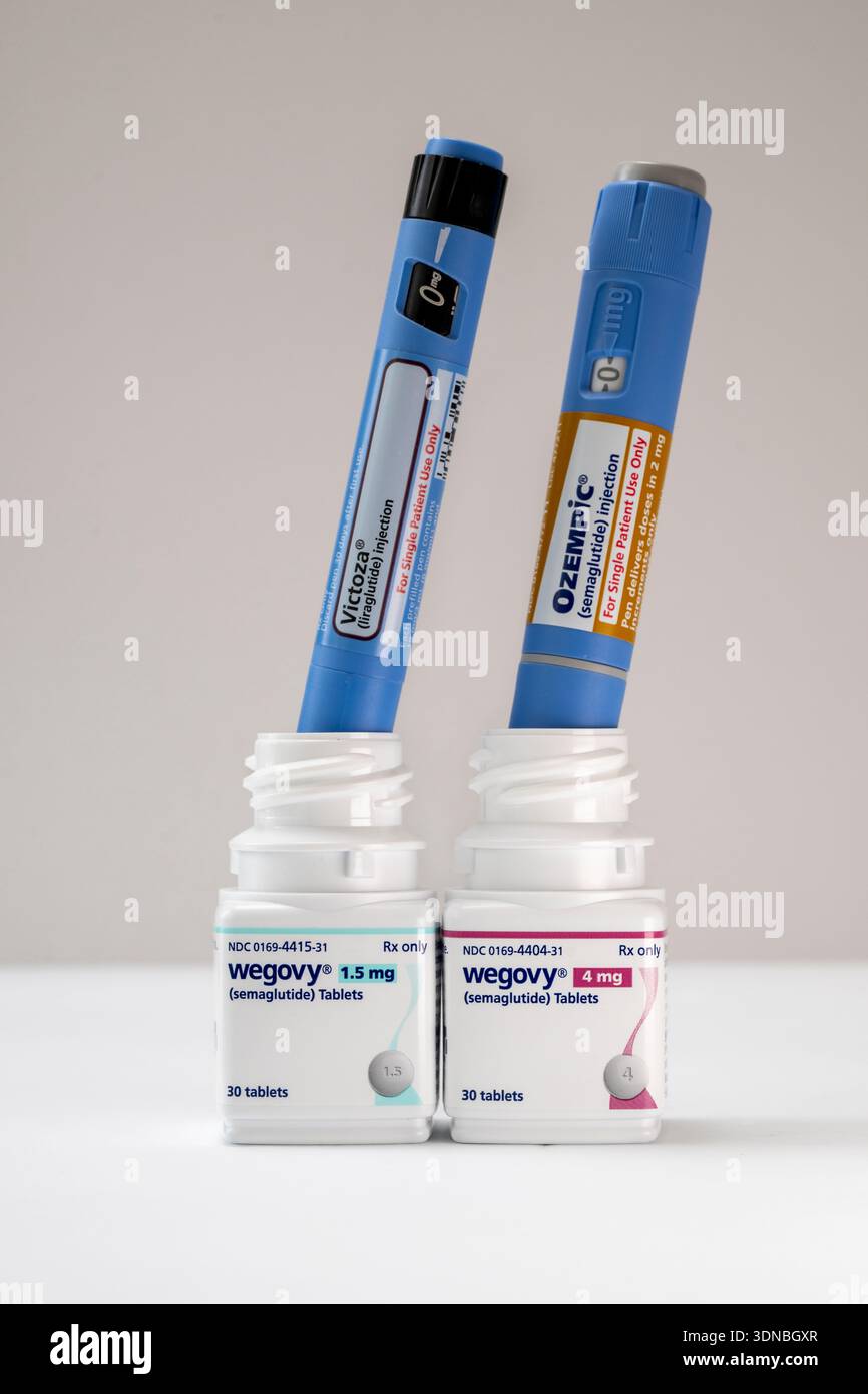 liraglutide and semaglutide tablets Photo Illustration of the new Wegovy 1.5 and 4 mg semaglutide tablets with injectable prescription weight loss medicines, Ozempic, and Victoza. Its a Stock Photo