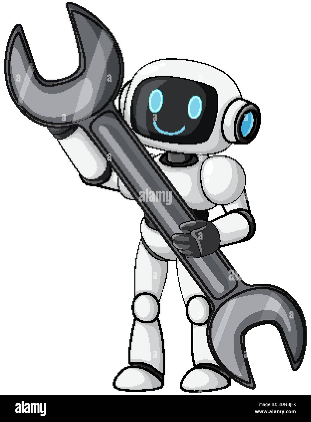 Smiling humanoid robot holding oversized wrench, cartoon vector style, white background, clean lines Stock Vector