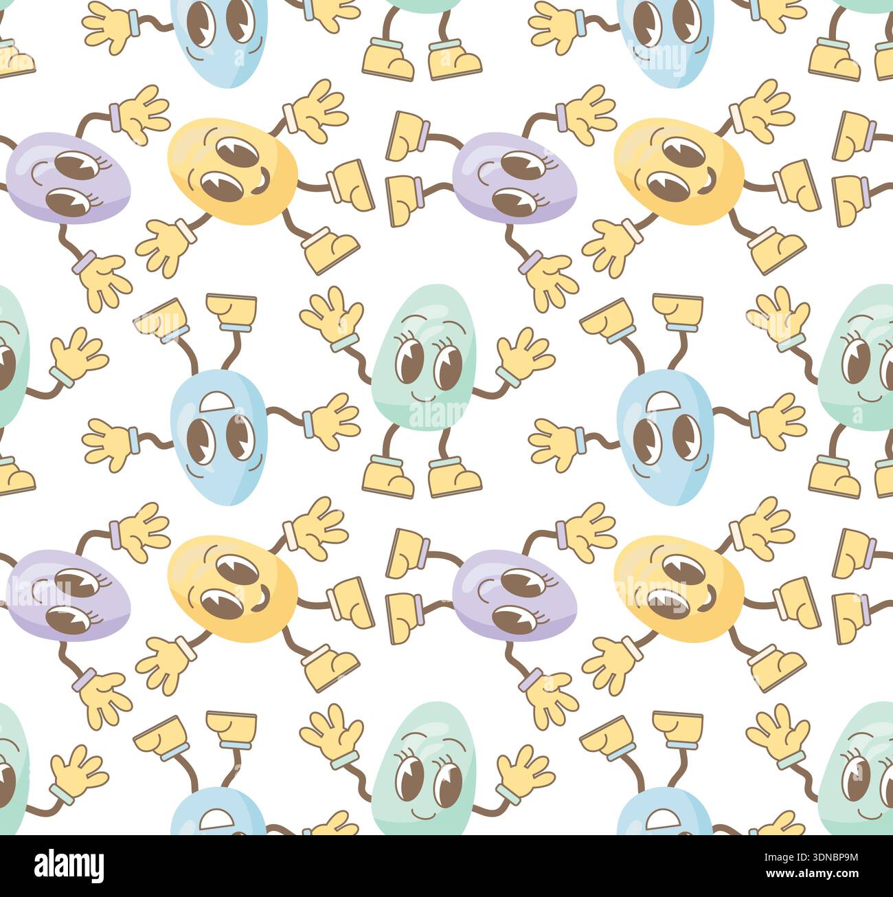 Seamless pattern with colorful dancing Easter eggs. Vector pattern with emoji eggs. Suitable for Easter-themed designs for children. Stock Vector