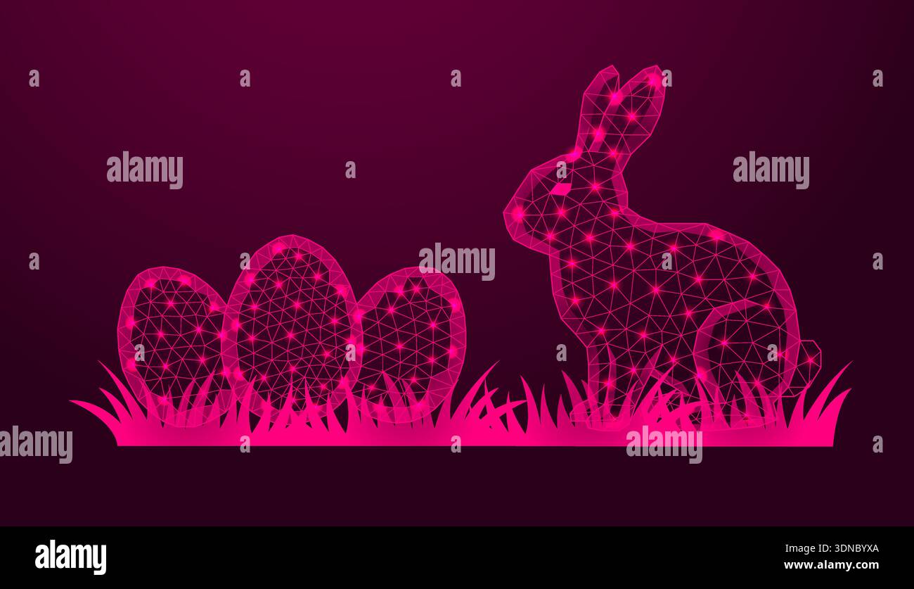 Low poly wireframe easter bunny with eggs on dark pink background. Stock Vector