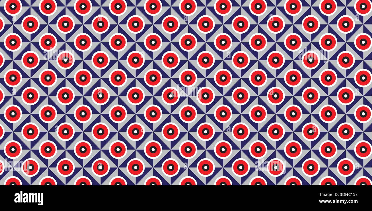 Seamless repeating pattern of circular motifs inside geometric frames. Stock Vector