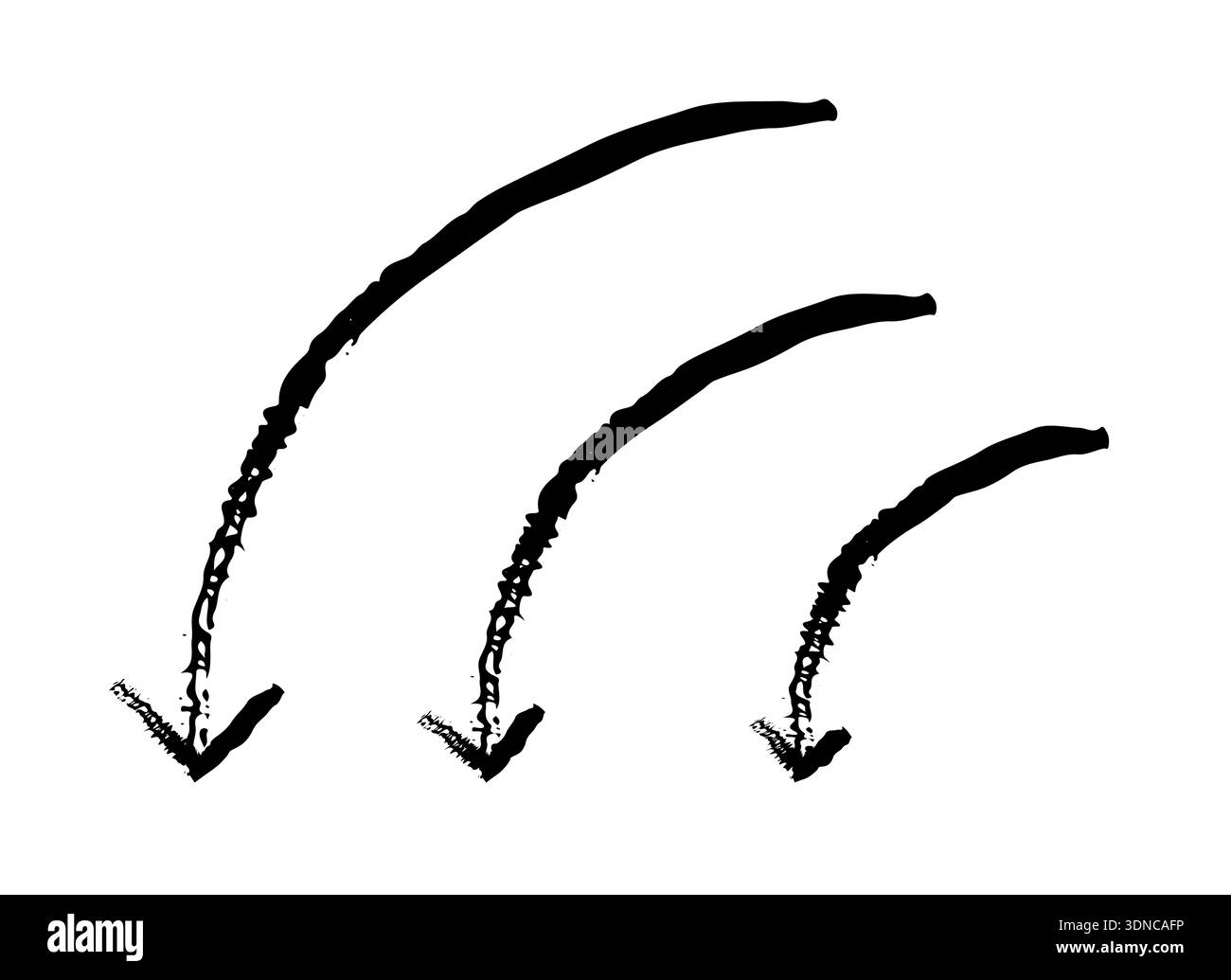 Curved down arrows in sweeping motion grunge doodle design element set Stock Vector