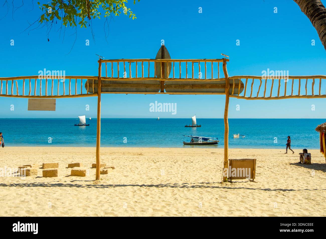 Madagascar, Atsimo-Andrefana region, Ifaty, Vezo country, Mangily beach, entrance to the Vovo Telo hotel Stock Photo