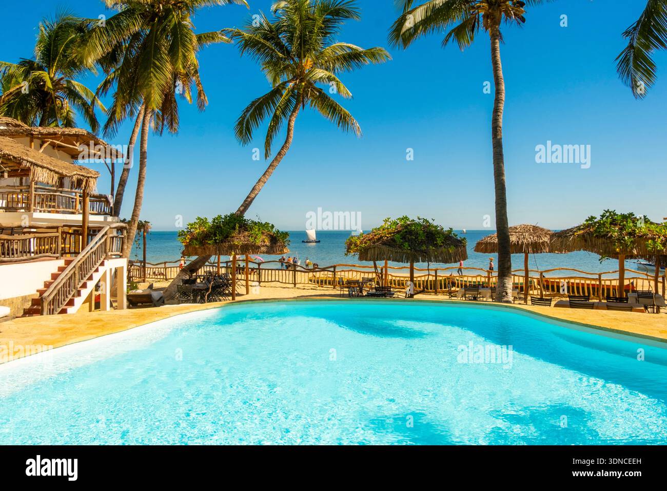 Madagascar, Atsimo-Andrefana region, Ifaty, Vezo country, Mangily beach, Vovo Telo hotel, swimming pool Stock Photo