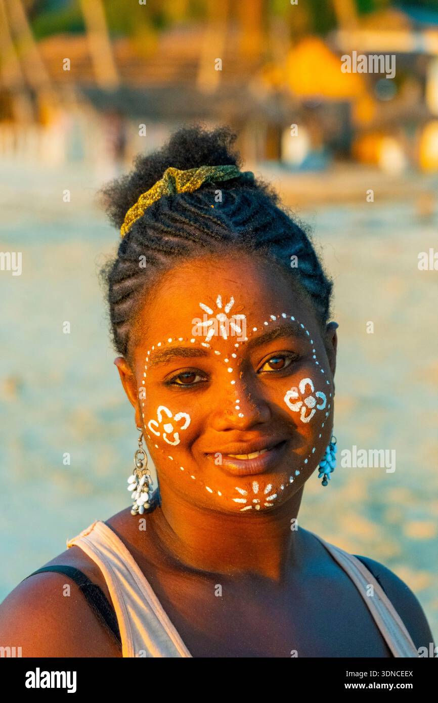 Madagascar, Atsimo-Andrefana region, Ifaty, Vezo country, Mangily beach, young woman in local makeup Stock Photo
