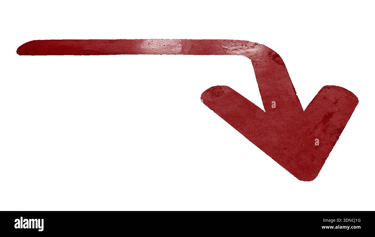 A textured dark red arrow in perspective view curving and to right. The ...