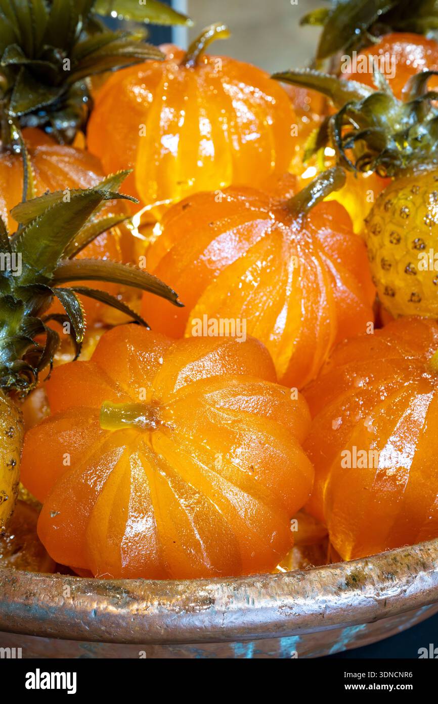 France, Bouches du Rhone, Regional Natural Park of the Alpilles, Saint Remy de Provence, Maison Lilamand, traditional confectionery of candied fruits and calissons, made with cantaloupe melon and Victoria pineapple Stock Photo