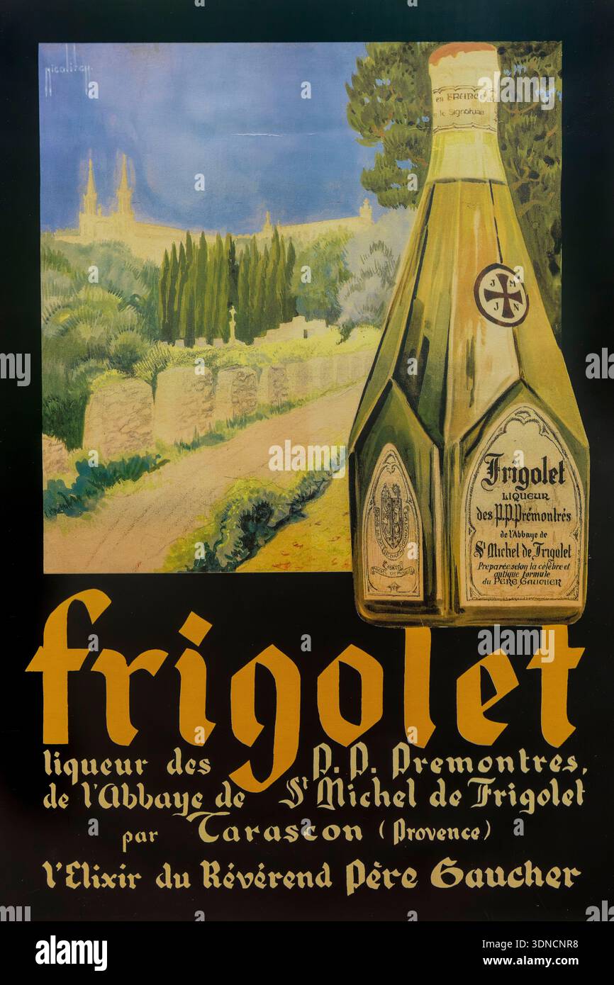 France, Bouches du Rhone, Regional Natural Park of the Alpilles, Saint Remy de Provence, Place Favier, the Alpilles museum, old advertising poster from the 1930s for Frigolet liqueur from Abbaye Saint Michel de Frigolet Stock Photo