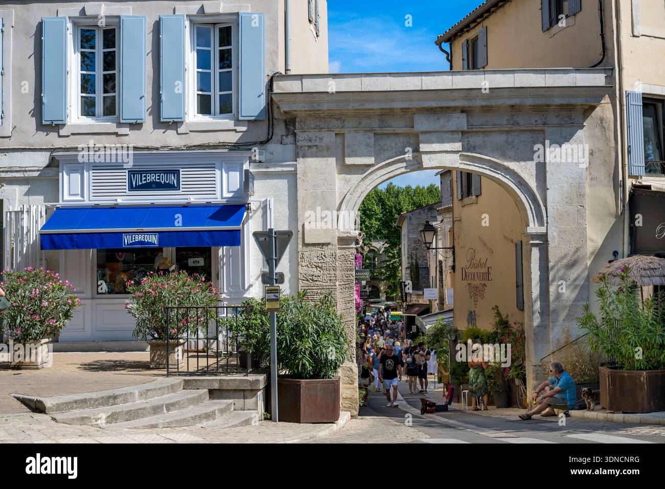 France, Bouches du Rhone, Regional Natural Park of the Alpilles, Saint Remy de Provence, Rue de la Commune behind the Porte Saint-Paul which marks the entrance to the old town Stock Photo