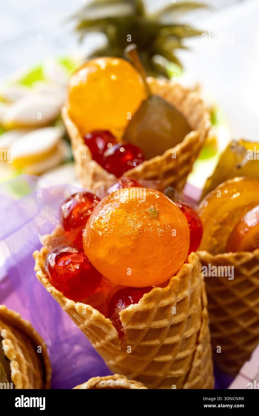 France, Bouches du Rhone, Regional Natural Park of the Alpilles, Saint Remy de Provence, Maison Lilamand, traditional confectionery of candied fruits and calissons, made with pear, prickly pear, orange, cherry and clementine Stock Photo