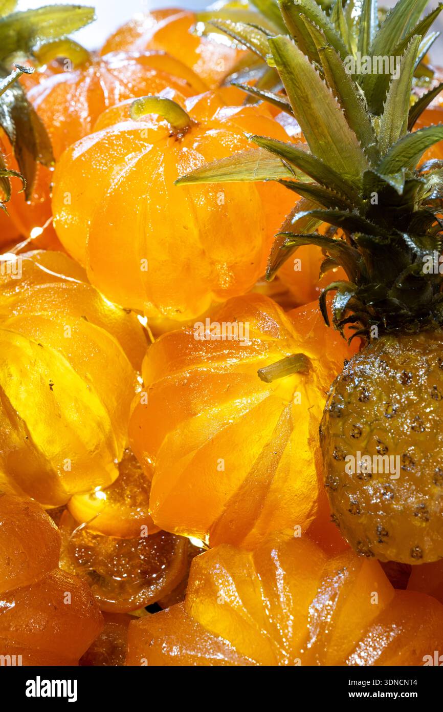 France, Bouches du Rhone, Regional Natural Park of the Alpilles, Saint Remy de Provence, Maison Lilamand, traditional confectionery of candied fruits and calissons, made with cantaloupe melon and Victoria pineapple Stock Photo
