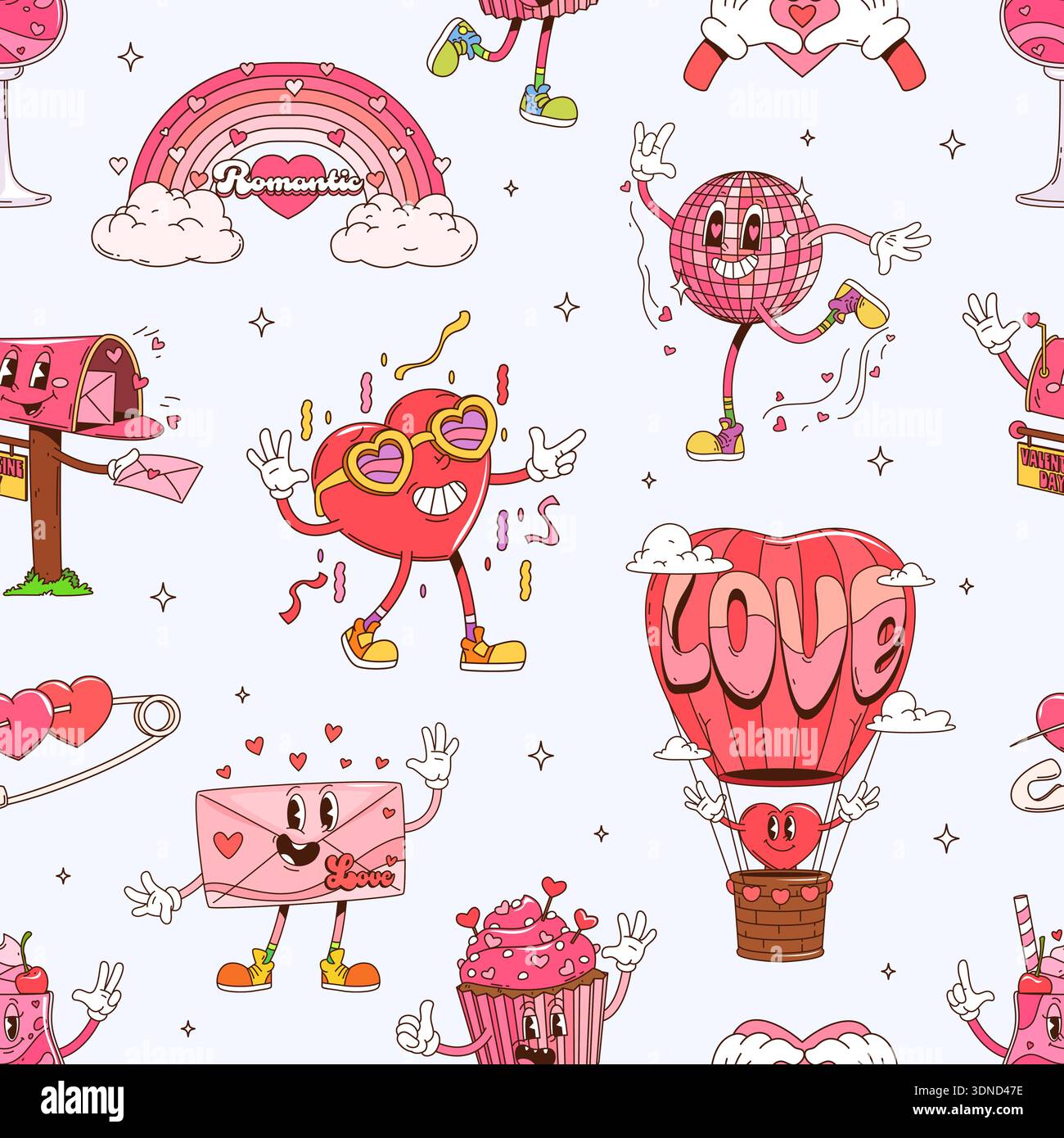 Groovy hippie Valentine's day seamless pattern Stock Vector