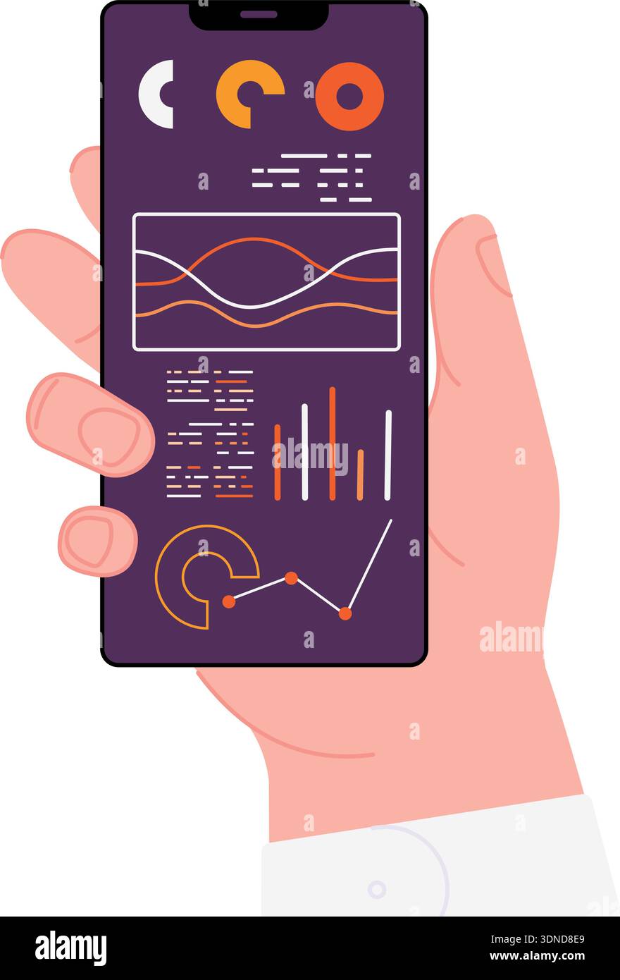 Data analytics app on phone screen in human hand isolated on white ...