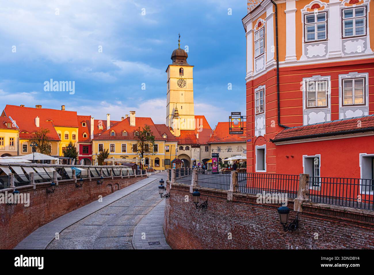 Romania, Transylvania region, Sibiu, Piata Mica or Small Square, Council Tower in the background Stock Photo