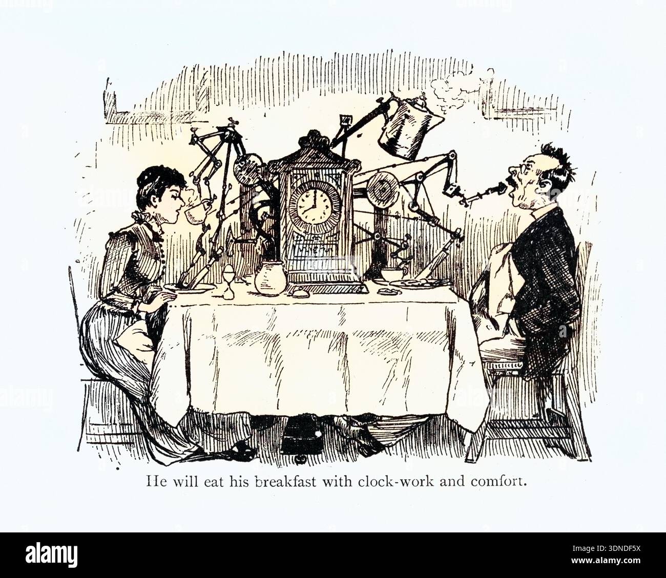 Vintage illustration of Wacky inventions, the clockwork breakfast ...