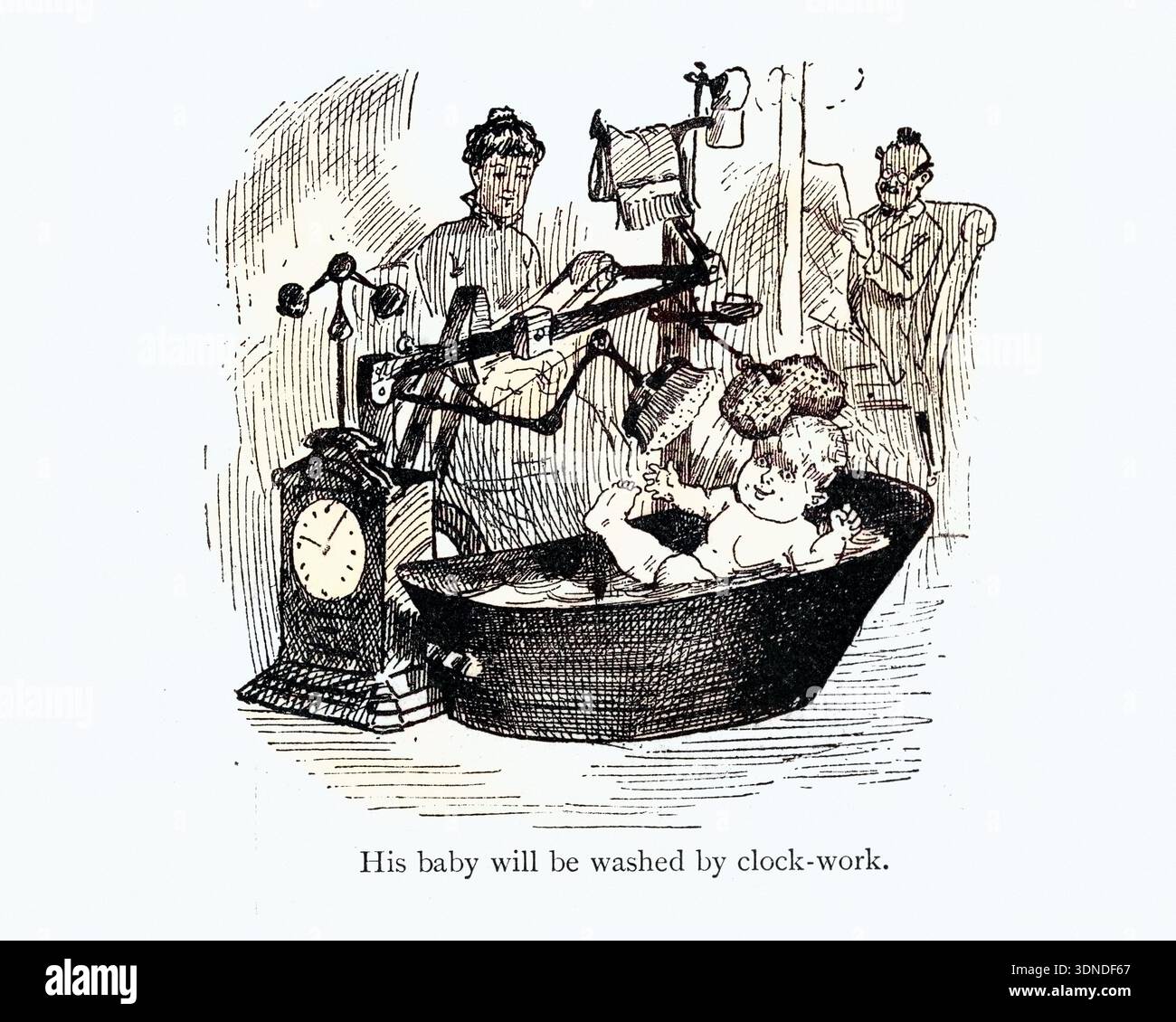 Vintage illustration of Wacky inventions, the clockwork baby washer ...