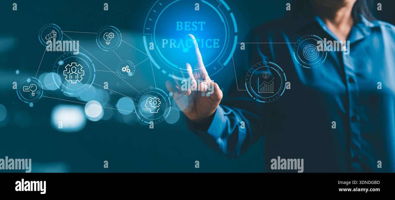 Business professional touching a virtual Best Practice interface with ...