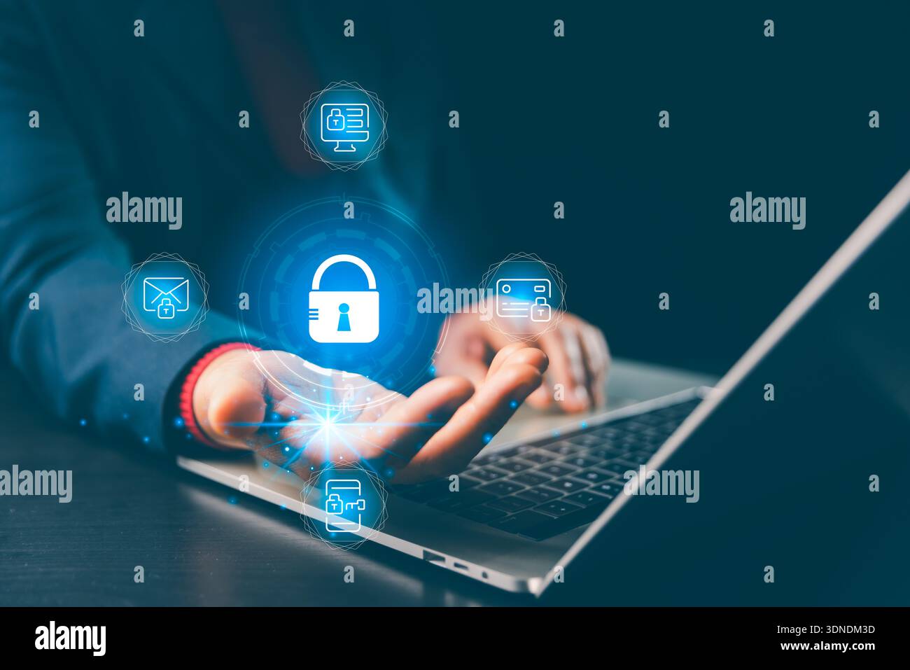 Hands holding glowing padlock hologram above laptop with email, mobile, card, desktop security icons, conveying concept cybersecurity, privacy, secure Stock Photo