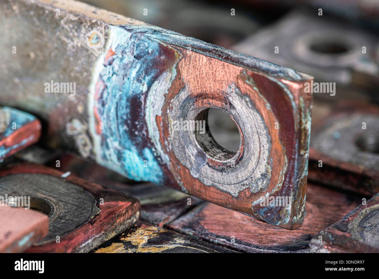 Non-ferrous metal plates and patinated copper busbars with visible ...
