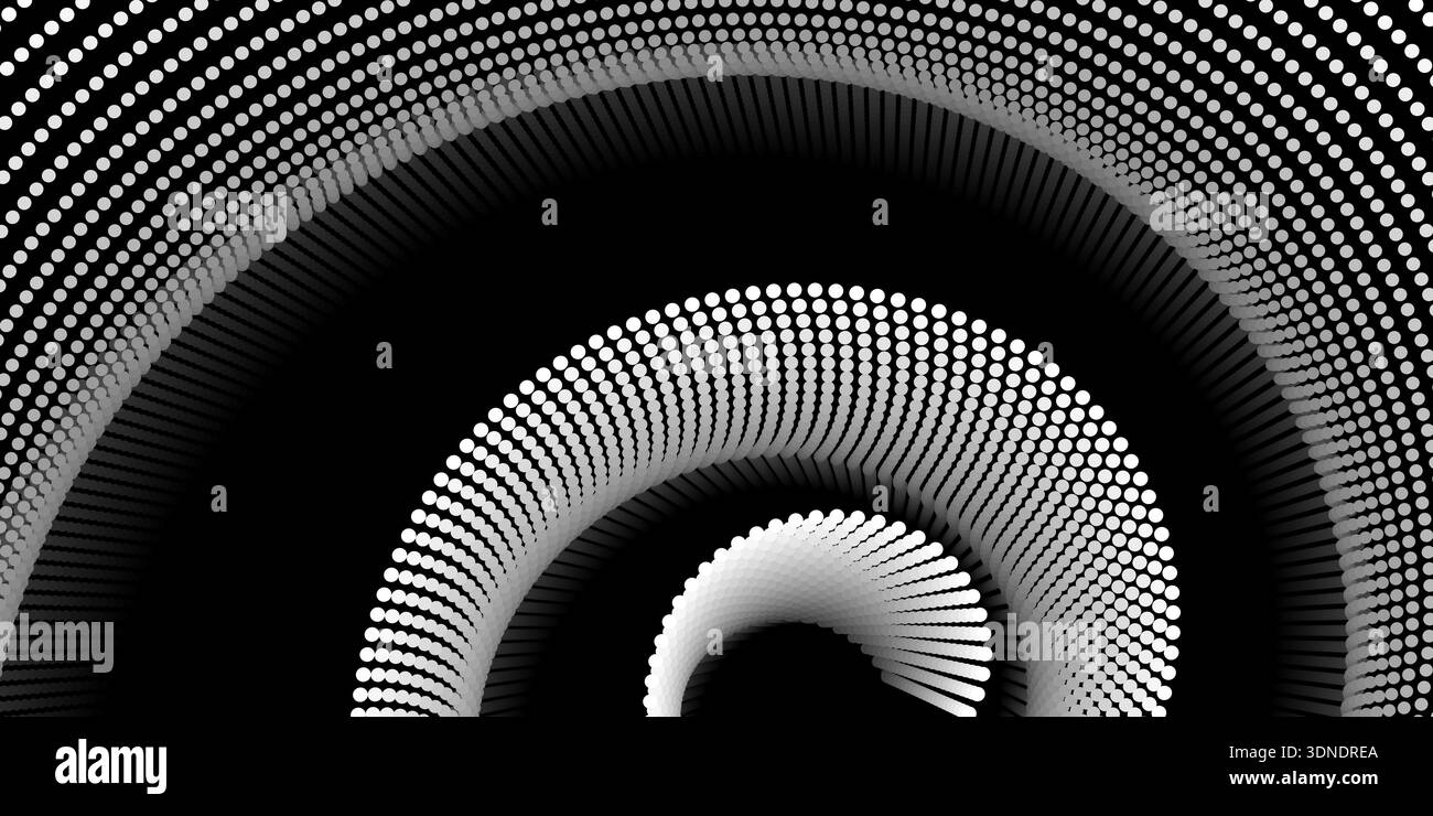 Abstract 3D spiral pattern made of white spotted lines on a black ...