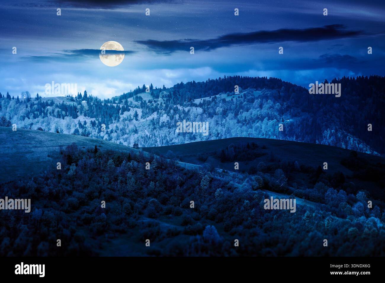 rural area in mountain landscape at night. deciduous forest on a steep hill. alpine countryside scenery during spring in dappled full moon light. myst Stock Photo