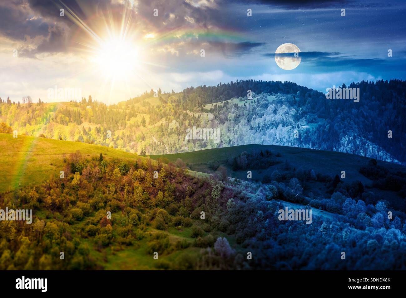 rural area in mountain landscape. day and night time change concept. deciduous forest on a steep hill with sun and moon. alpine countryside scenery du Stock Photo