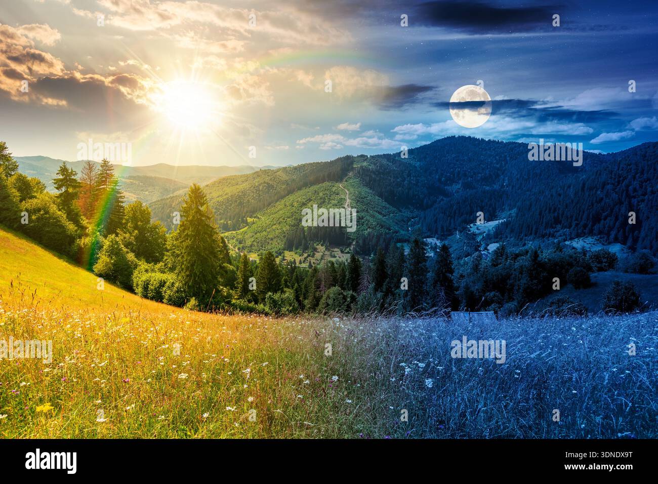 grassy pastoral field near forested hills during summer solstice. day and night time change concept. countryside mountain landscape with sun and moon. Stock Photo