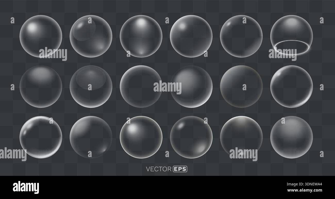 Realistic Transparent Bubbles Set with Reflections and Highlights. A versatile collection for design. Vector illustration. Stock Vector