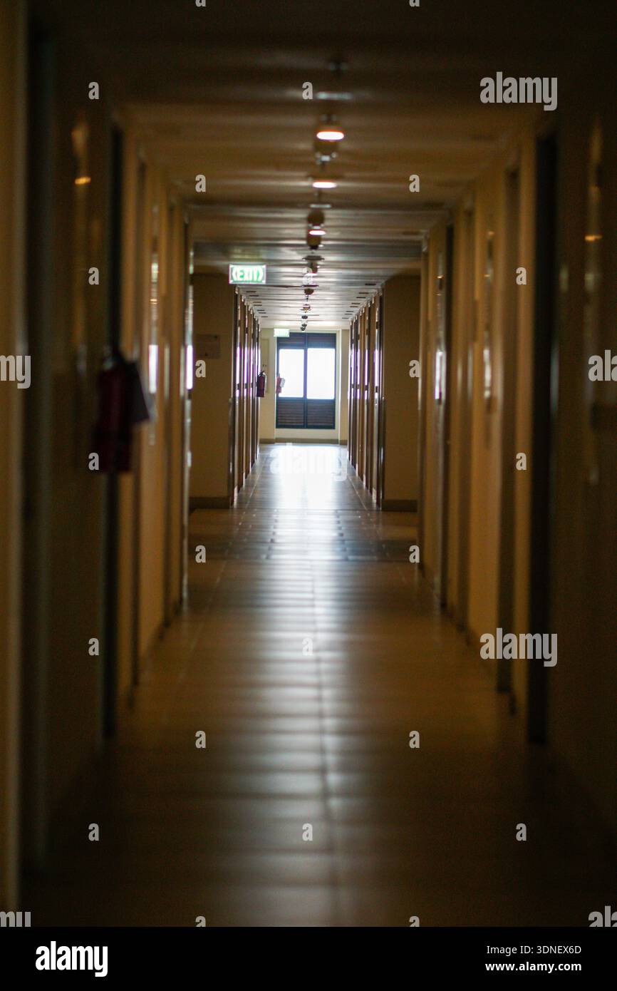 Long corridor with doors on both sides, illuminated by overhead lights ...