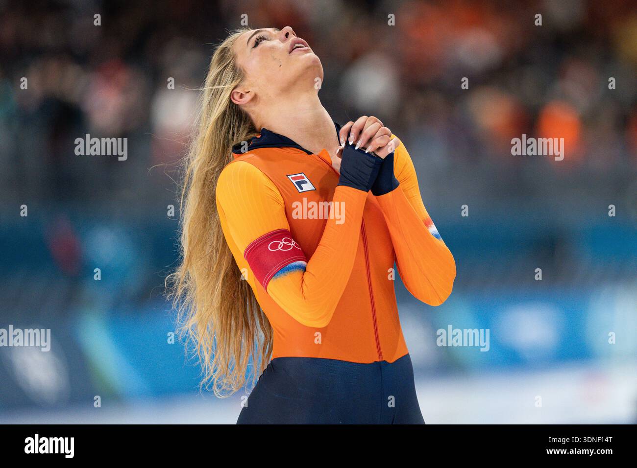 Jutta Leerdam (15-O) of the Netherlands reacts after setting a new