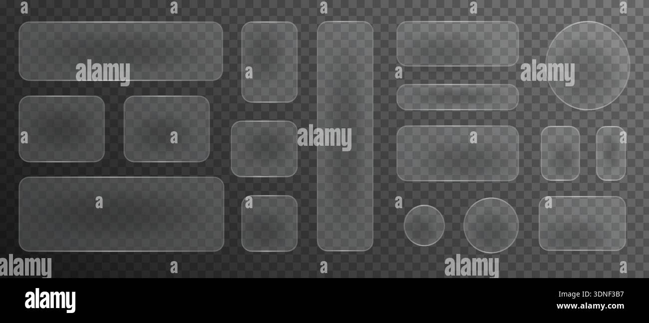 Glasmorphism liquid button frames, Glass texture geometric rectangular and round shapes, Blurred glass effect with glare Stock Vector