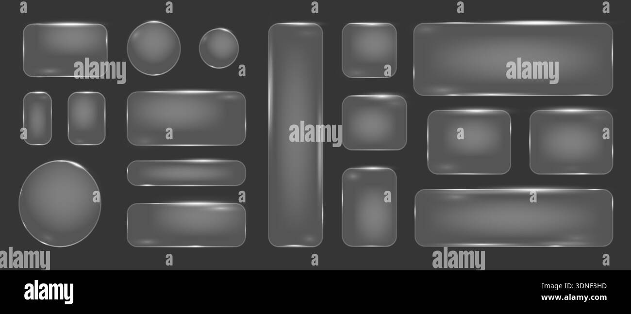 Glasmorphism liquid button frames, Glass texture geometric rectangular and round shapes, Blurred glass effect with glare Stock Vector
