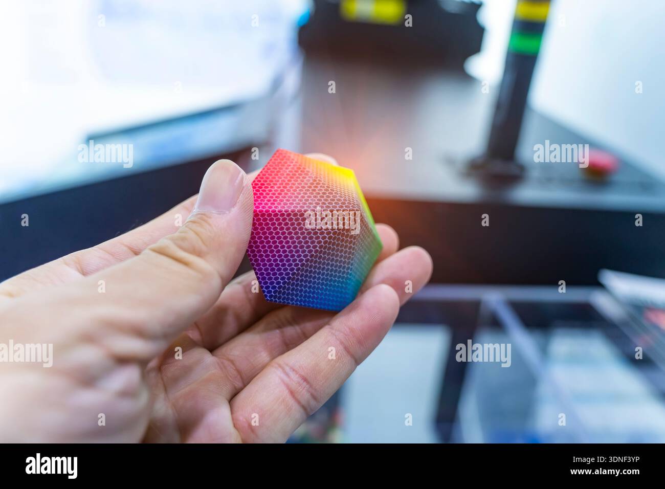 hand with Object printed on 3d printer close-up. Stock Photo