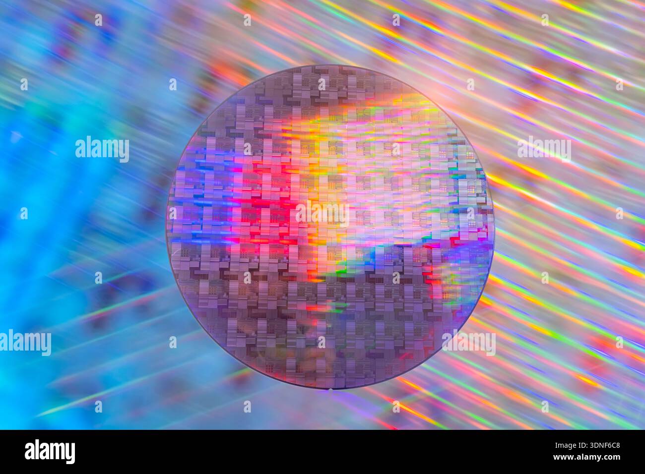 surface of Silicon Wafers and Microcircuits reflecting different colors ...
