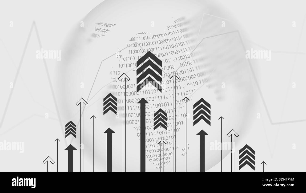 Data growth is shown through arrows and binary code in a digital space ...