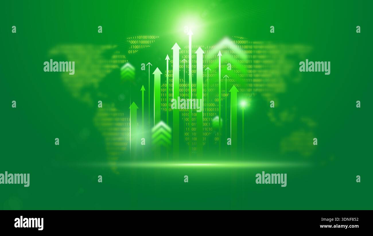Growing data trends on a green background with digital arrows and binary numbers Stock Photo
