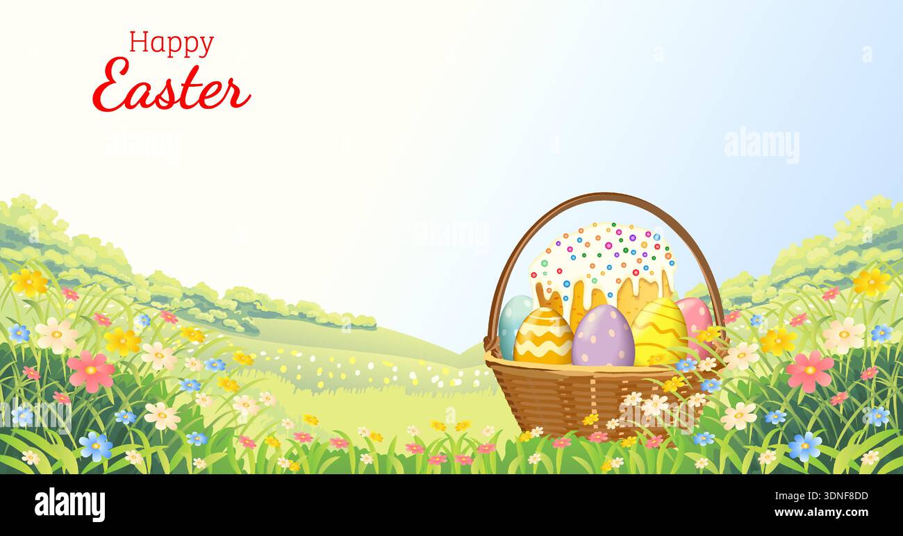 Easter horizontal vector illustration with traditional cake and painted eggs in wicker basket on blooming spring field and copy space for text. Stock Vector