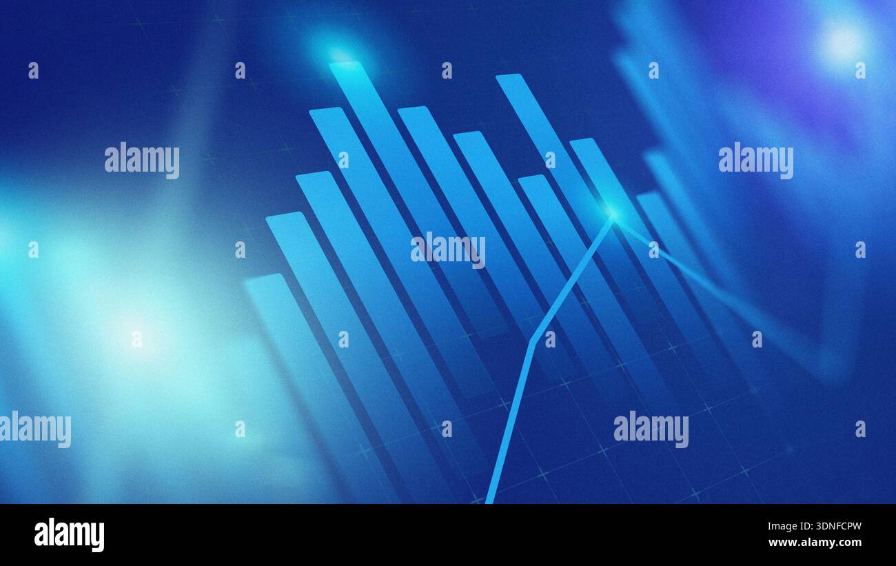 Data visualization shows a bar graph with upward trends on a blue background Stock Photo