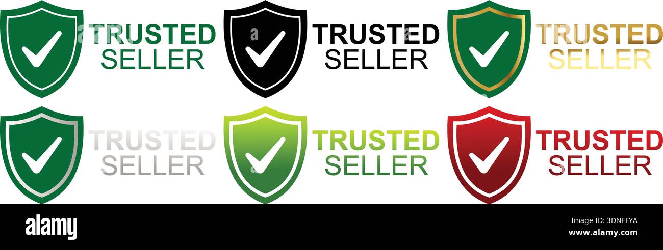 Trusted seller verification badges with shield symbols and approval checkmarks Stock Vector