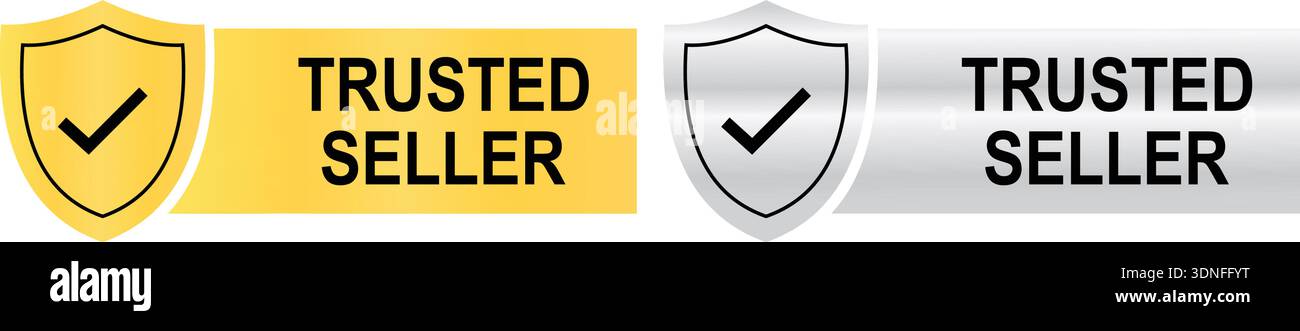 Trusted seller badges with shield icons and verification checkmarks Stock Vector