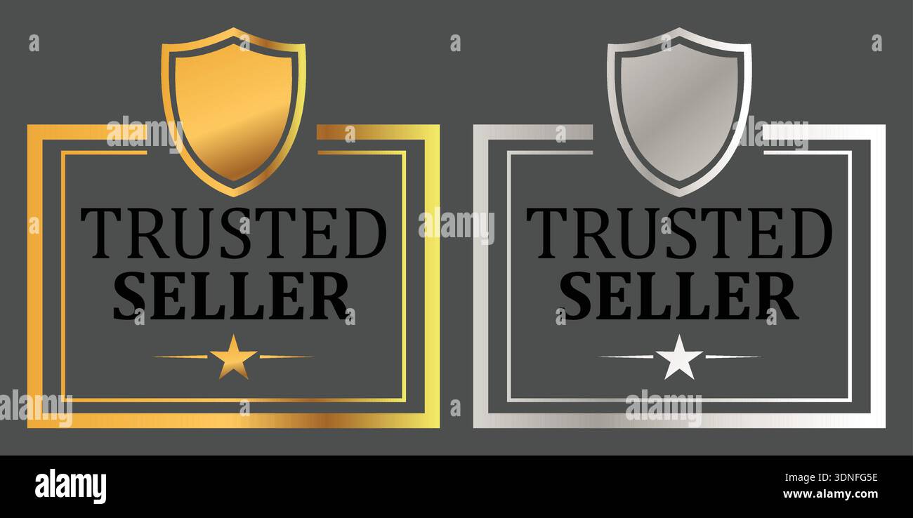Trusted seller verification badges with shield icons and star symbols Stock Vector