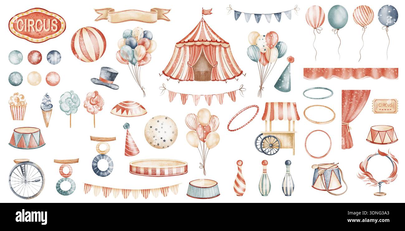 Circus Watercolor Elements Clipart Set With Props And Equipment Stock ...